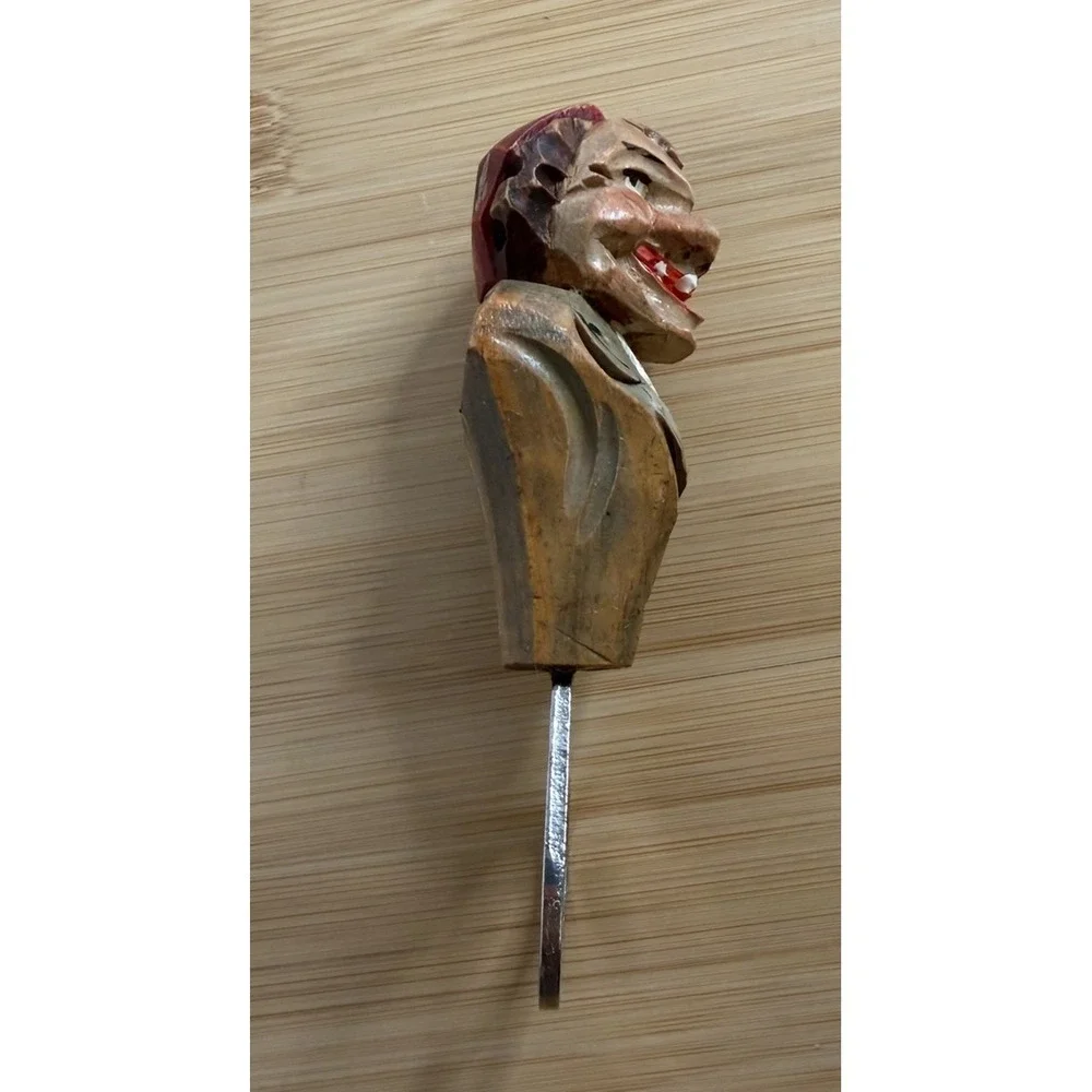 Vintage Hand-Carved Wooden Figural Bottle Opener Whimsical Man European Folk Art